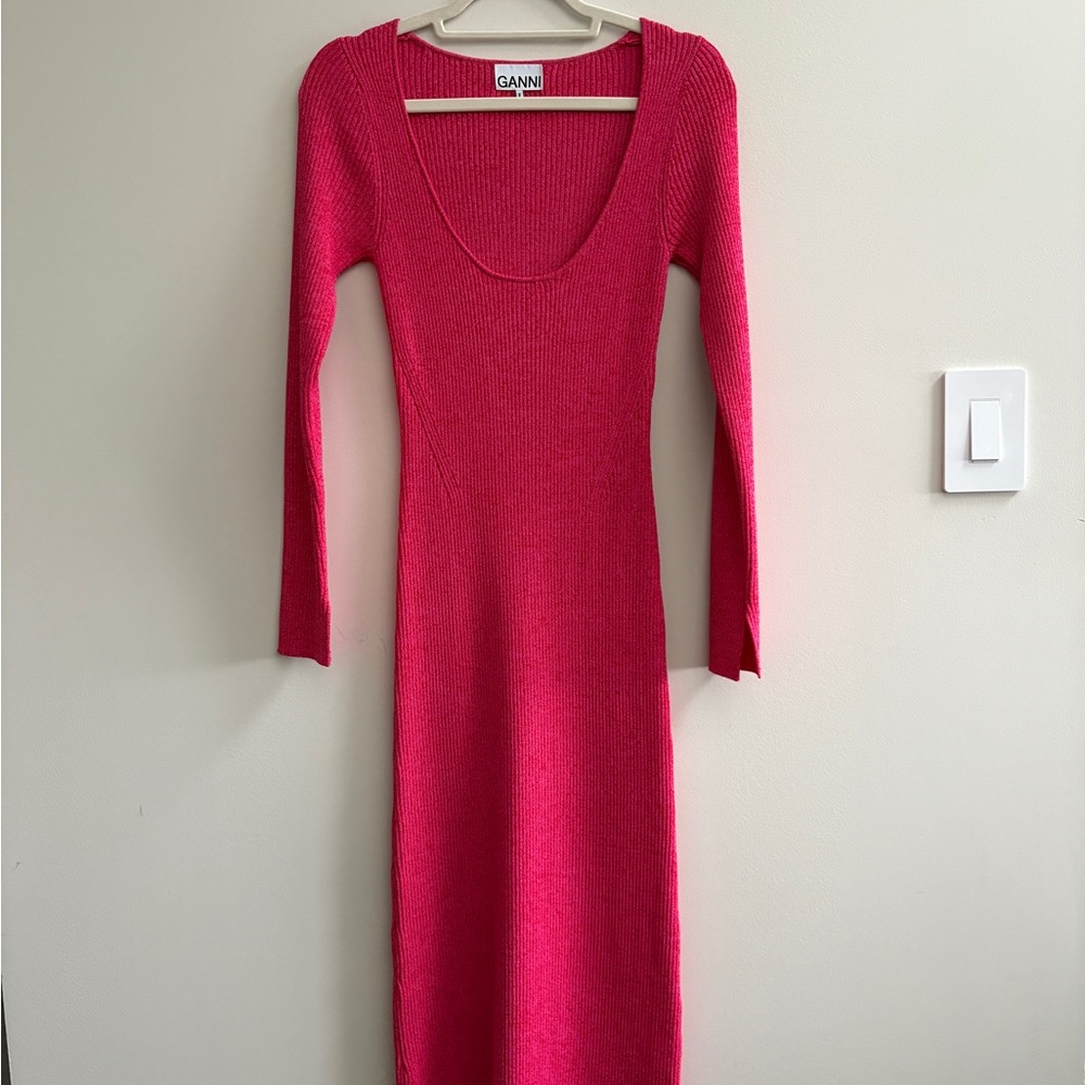 Ganni Vibrant Pink Long Sleeve Dress